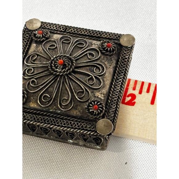 Vintage Pewter Jeweled Rosary Jewelry Tin Tiny Box Velvet lined ornate detail - Picture 6 of 7